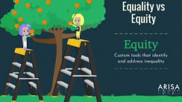 Equality vs. Equity graphic showing two people on different sized ladders reaching toward an orange tree.